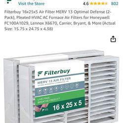 MERV 13 Furnace Filter 16 X 25 X 5 (2 Pack)