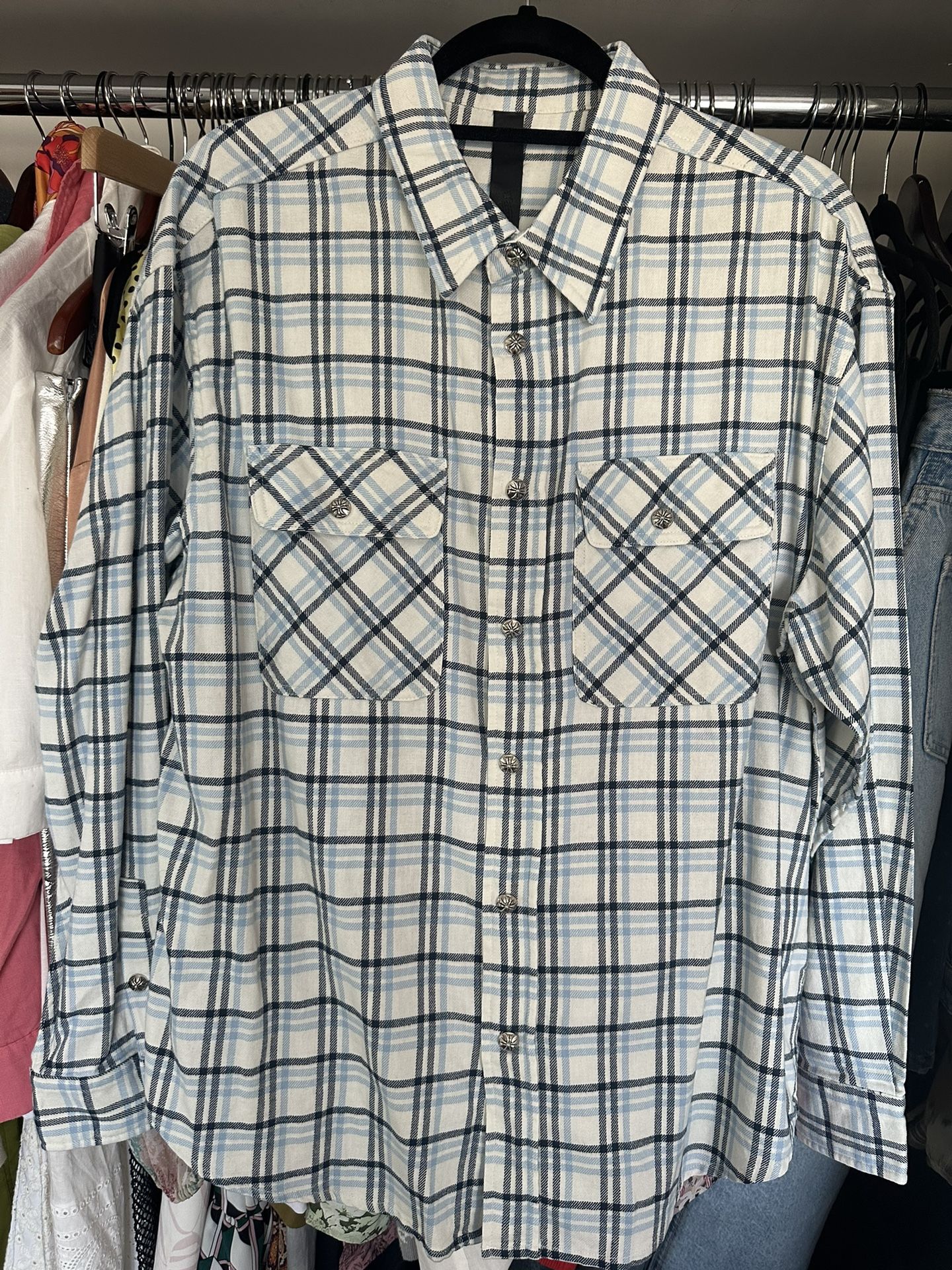 Chrome Hearts Flannel Plaid Shirt Unisex Size Medium Oversized Light Blue Navy