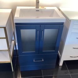 24” Navy Blue Solid Wood Vanity With Soft Close Door & Drawers And Quartz Top