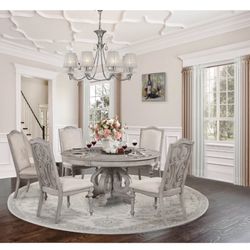 6 Pieces Round Dining Room Set. Includes: Solid wood table and 6 chairs. 