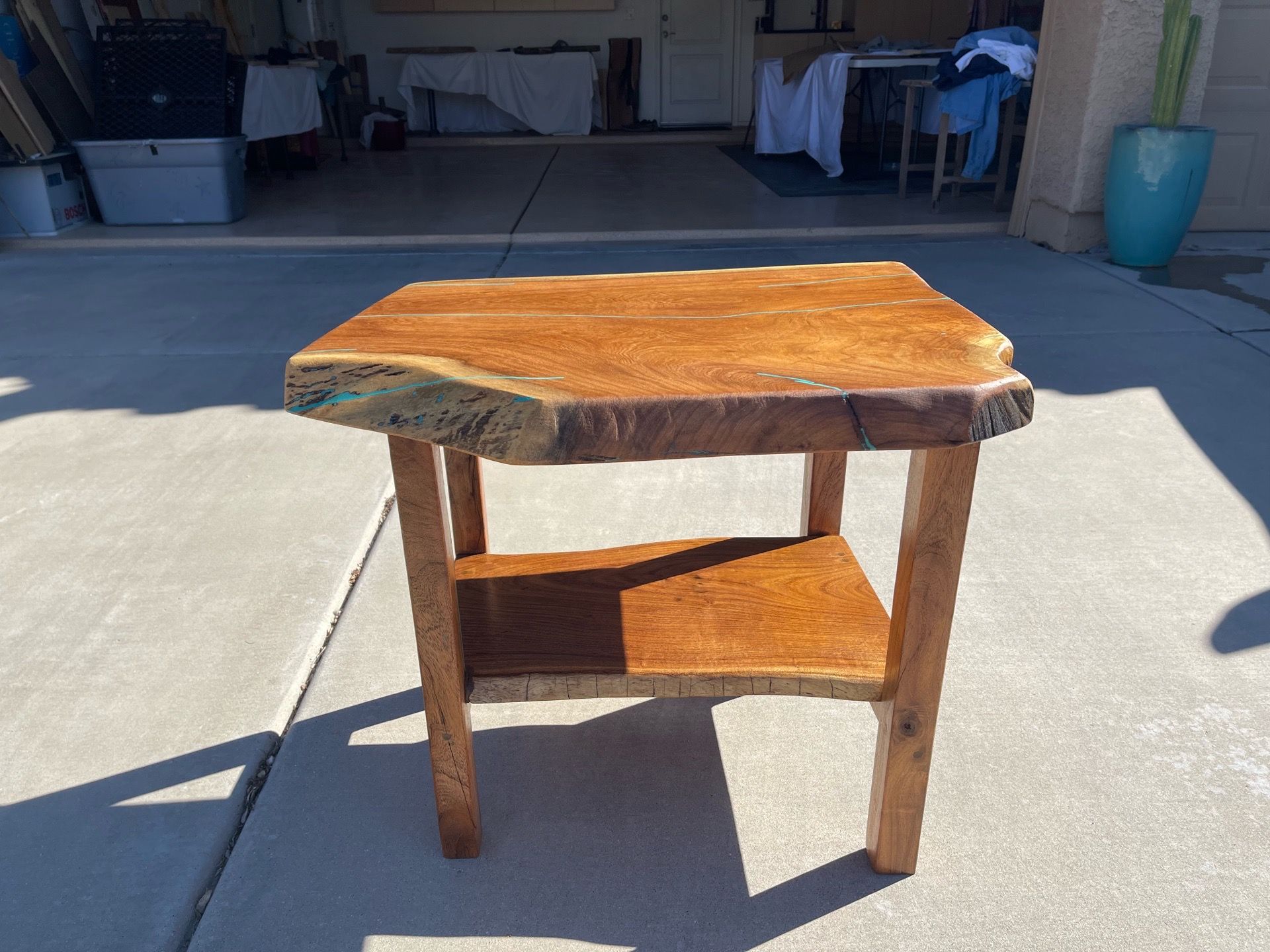 Solid mesquite end table with turquoise inlay