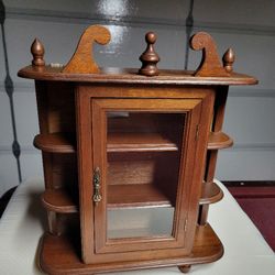 Vintage Curio Cabinet Wood Shelves Glass Door Footed Tabletop/Wall Hanger 17”
