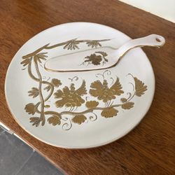 Vintage Italian White & Gold Grapevine Cake Plate and Matching Server Set