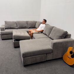 Bonaterra Charcoal Grey Fabric 127" 2 Piece U-Shaped Sectional with Right Arm Facing Sofa Chaise & Storage Ottoman