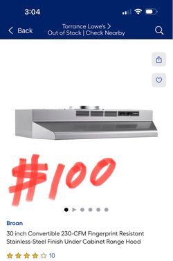 Broan 30 inch Convertible 230-CFM Fingerprint Resistant Stainless-Steel Finish Under Cabinet Range Hood