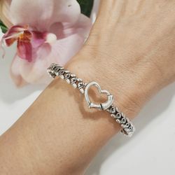 925 Sterling Silver women's ladies heart cuff bracelet bangle gift