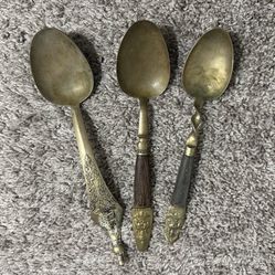 Set Of 3 Vintage Siam Thailand Nickel Bronze Brass And Wood Spoons Flatware