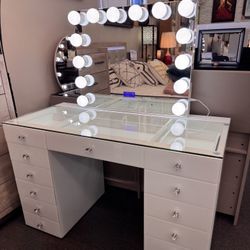 Glam Makeup Vanity: 13 Drawers, LED Bulbs Mirror & Bluetooth Speaker