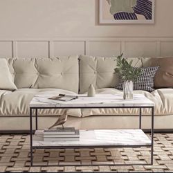 35” Marble Coffee Table, Faux Marble Top Rectangular Coffee Table