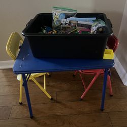 Big Bucket Of Lego And Folding Small Kids Table With Two Folding Chairs