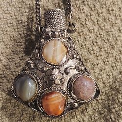 Vintage Tibetan Style Snuff Bottle Pendant w/ Agate Stones, Spoon & Chain