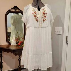 NEW 1X or 2X White Embroidered Knee-Length Dress