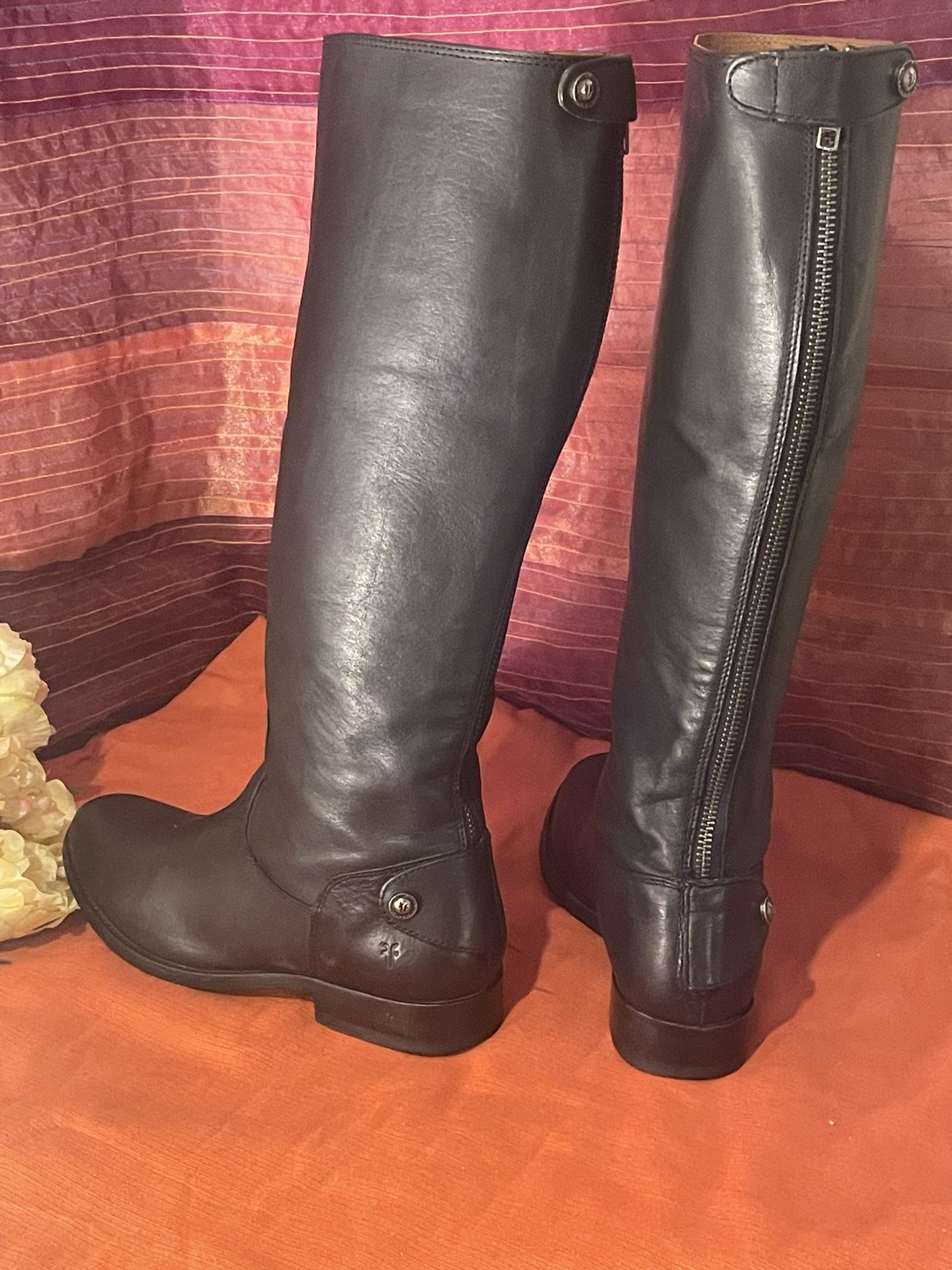 Vintage FRYE MELISSA BUTTON Back Knee High Zip Black Leather Boots