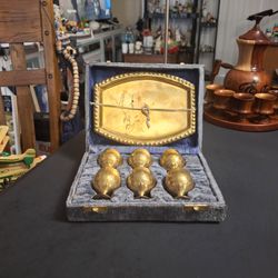 Hammered Brass Cordial Set With 6 Goblets, Tray & Velvet Box-Vintage Mid 20th Century
