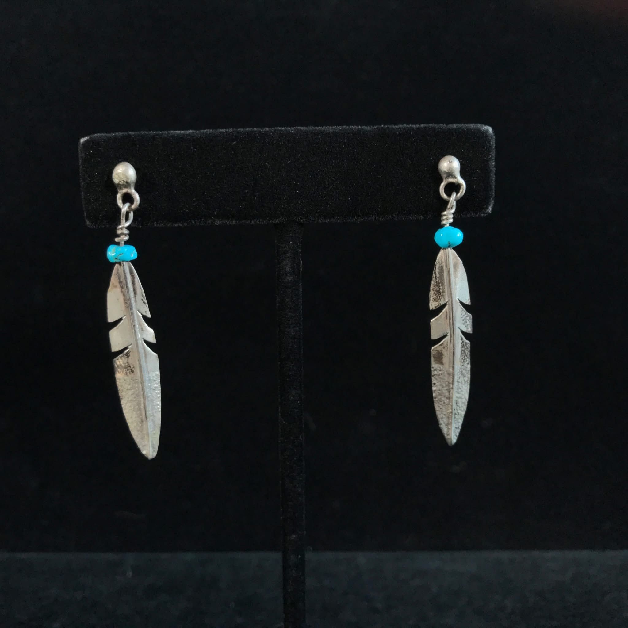 Native American Navajo Turquoise Sterling 925 Feather Earrings Melvin Vandever