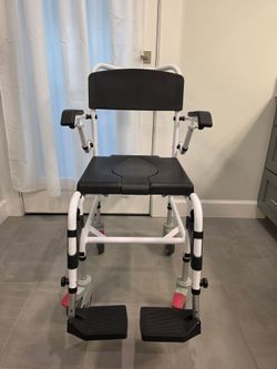 Shower Commode Wheelchair with 4 Lockable Wheels