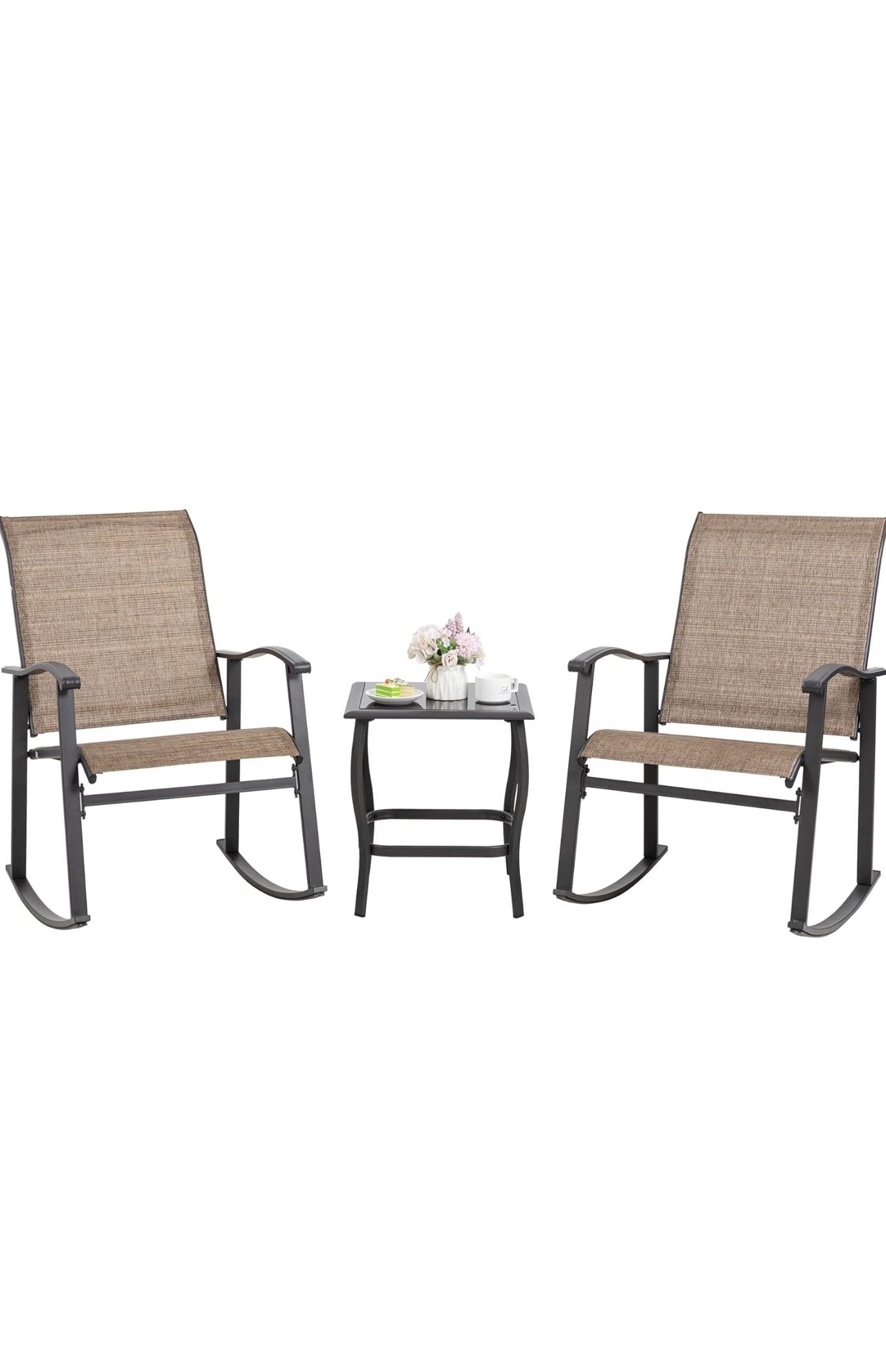 Shintenchi 3 Piece Rocking Bistro Set, Outdoor Furniture with Rocker Chairs and Glass Coffee Table Set of 3, Balcony, Porch Furniture for Small Space,