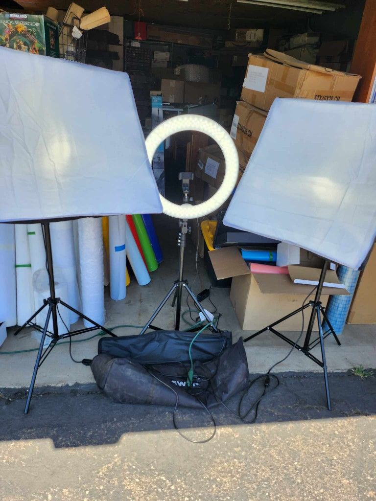 NEEWER 700W Equivalent Softbox Lighting Kit, 2Pack 5500K CFL Lighting Bulbs, 24x24 inches Softboxes with E26 Socket, and large dimmable ring light wit