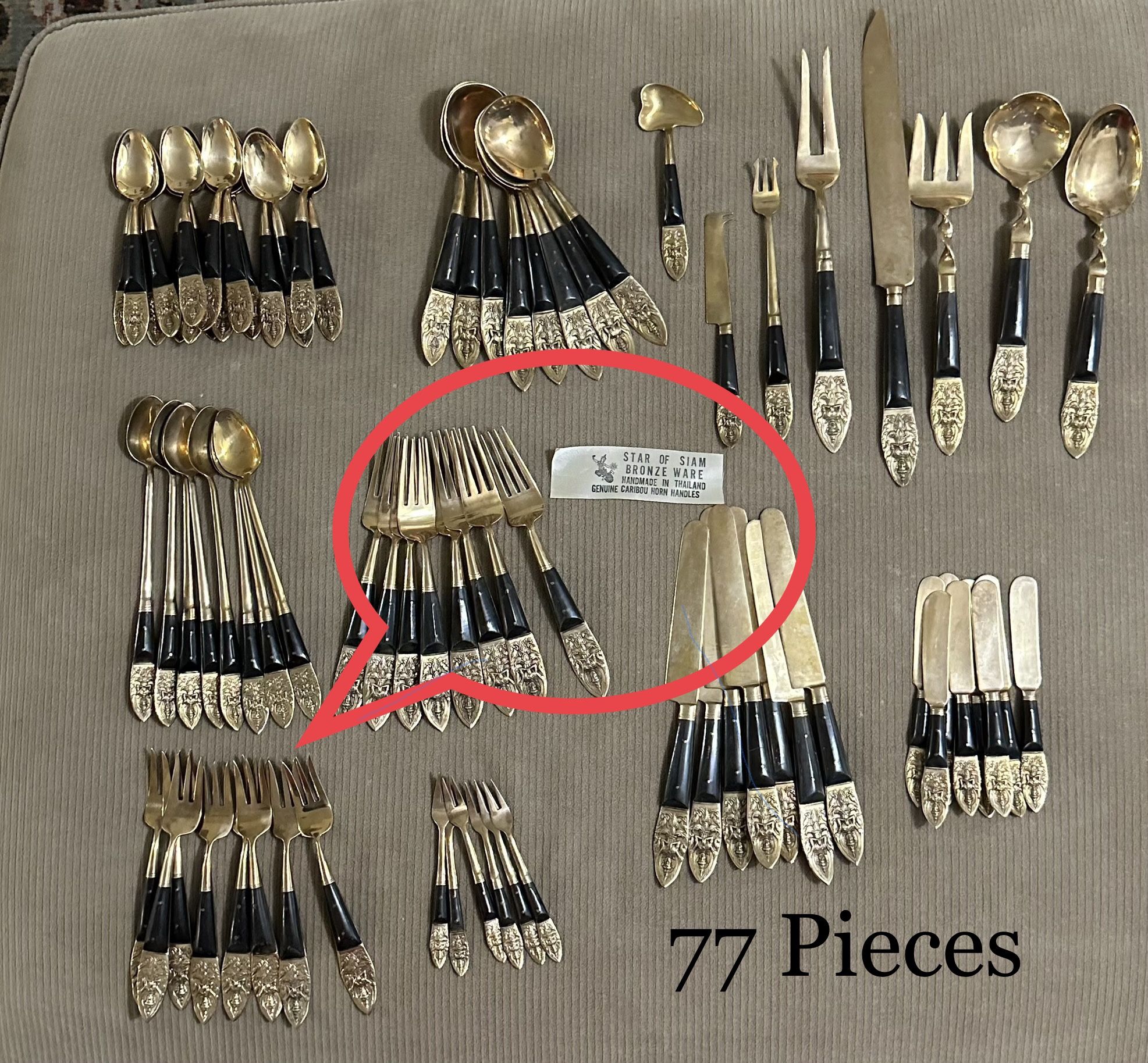 Vintage Nickel Bronze Thailand Flatware 77 Pieces