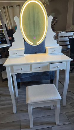 New LED Wood Makeup Vanity Table and Stool Set White (Already Assembled)