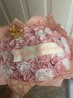 Pink & White Foam Rose Bouquet with Crown