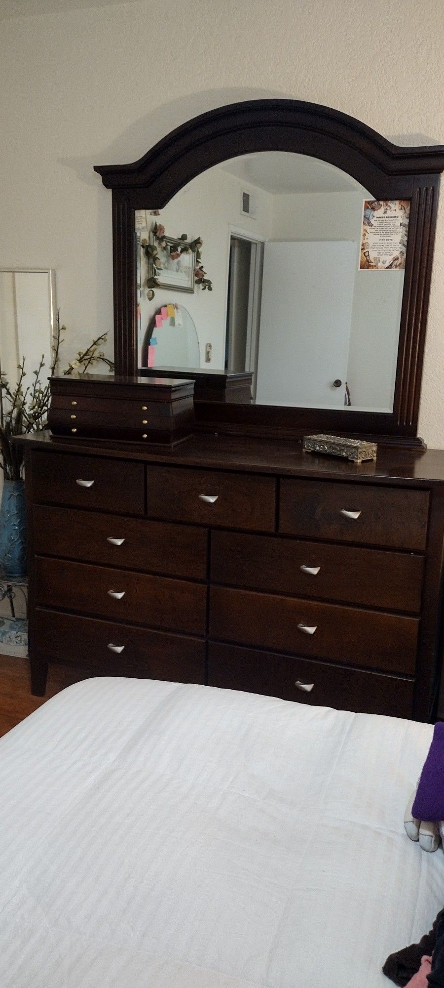 Solid Dark Wood Bedroom Set, includes 9 Drawer Dresser, Framed Mirror, and Night Stand.