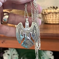 Vintage Sterling Silver Peyote Bird Pendant Necklace 