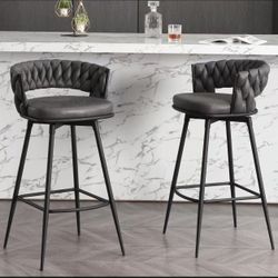  Modern Bar Stools Set of 2, 30" Bar Height Barstools, 180° Swivel Suede Fabric Stool Chairs with Woven Back and Footrest for Kitchen Island, Cafe, Pu