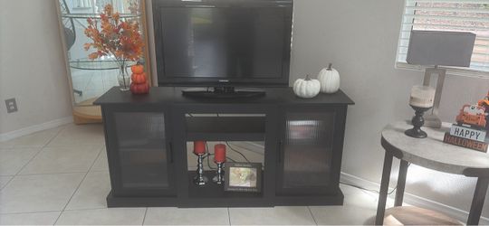 New Black TV Stand with Glass Door Cabinets
