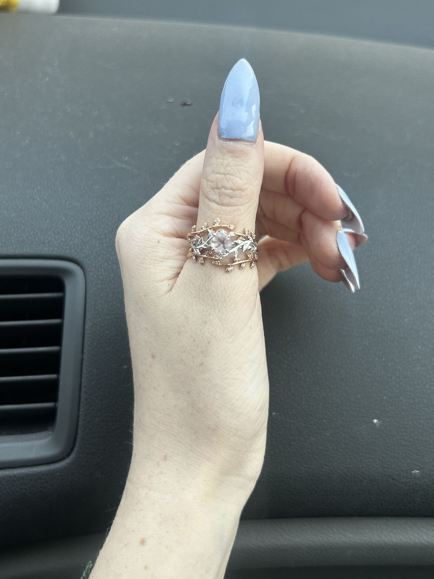 Size 8, White Gold With Morganite Engagement Ring & Rose Gold With Moissanite Wedding Band