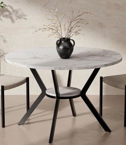 42" Round Dining Table for 2-4, Modern Kitchen Table with Faux Marble Tabletop & Metal Legs,