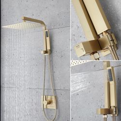 Brushed Gold Shower Fixtures, Gold Shower Faucet Set with 12 Inch Gold Shower Heads with Handheld Spray Combo and Tub Spout, Shower Systems with Rain 