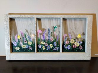Large Vintage Hand-Painted Floral Frosted Glass Window Frame signed 34*18 inch pls read description