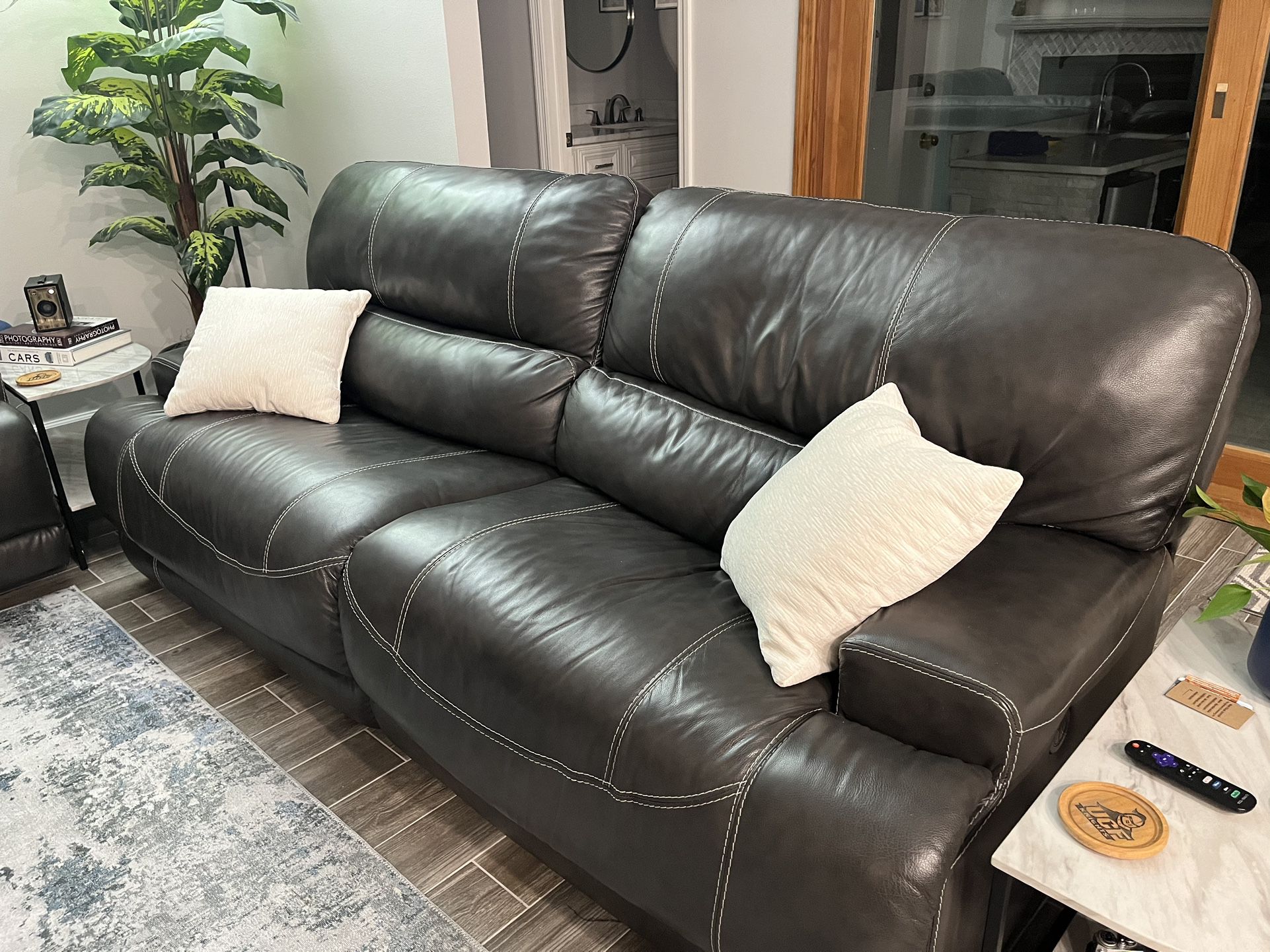 Gray Leather Power Recline Sofa, Love Seat And Chair