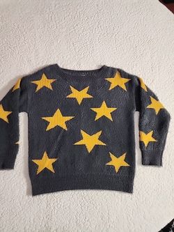 & Merci Star Knit Fuzzy Shag Sweater Gray Yellow Statement Cozy Winter China