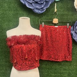 Love On A Hanger Red Sequin Tinsel Crop Top And Skirt Size Medium NWT Brand New