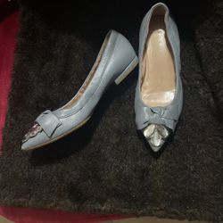 Tahari Greyish Blue Flats With Crystal Details 