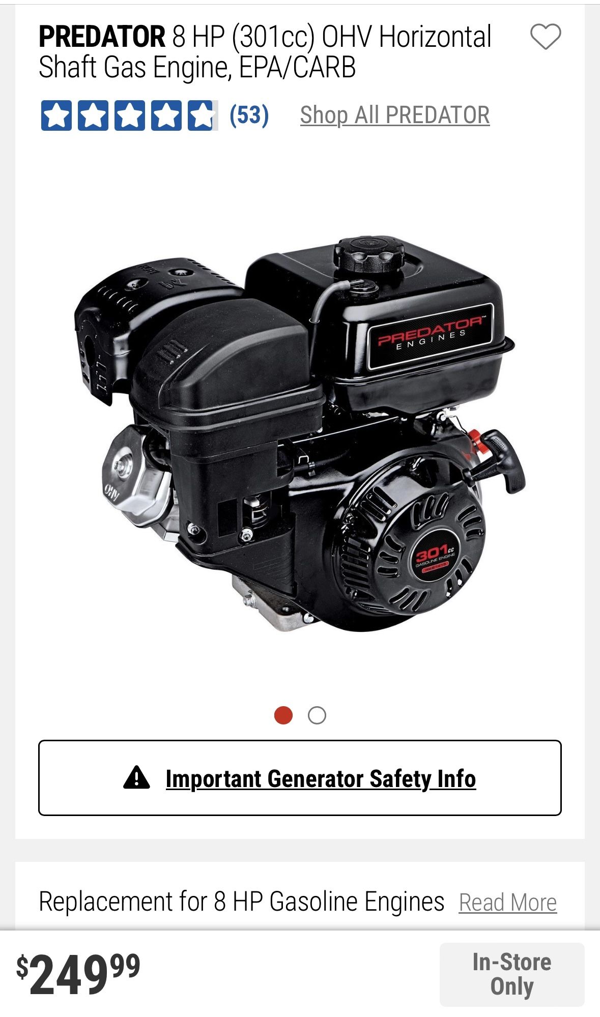 PREDATOR 8 HP (301cc) OHV Horizontal Shaft Gas Engine