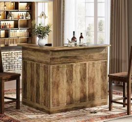 YS0301 Bar Cabinet, L-Shaped Home Bar Table with Stemware Racks, 4-Tier Corner Bar Unit Liquor Wine Bar Table Reception Desk for Home Pub, Brown