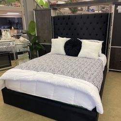 Valeria Black Velvet Queen Platform Bed Frame
