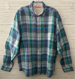 Tommy Bahama Men’s Large Long Sleeve Blue Green Plaid Linen Button Down Shirt