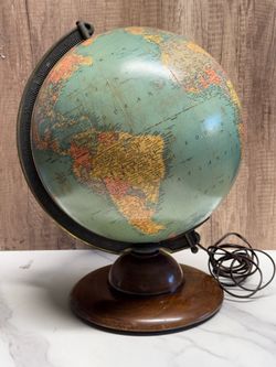 Vintage Replogle 12” Precision Illuminated World Globe Wood Base Works 1949