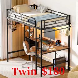 Twin Metal Loft Bed with L-Shaped Desk, Loft Bed Frame with Charging Station, Storage Bed with 2 Drawers & Open Shelf, Safety Guard & Ladder