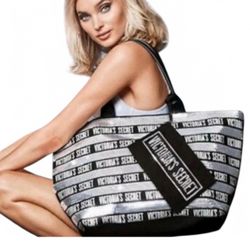 Victoria's Secret silver and black tote bag #glam 100% canvas SIZE: 16”H x 7”L x 15”W