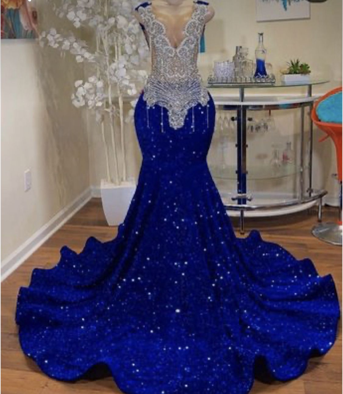Blue And Silver Sleeveless Prom Dress Medium 