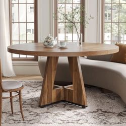 Brown Round Dining Table for 4-6 People, 47 Inches Dining Room Table,(Table Only)