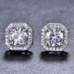 Iced Out14K White Gold-Plated Cubic Zirconia Cluster Men & Women Stud Earrings 