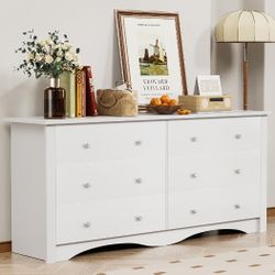 Modern Double Dresser with 6 Drawers, Wide Storage Organizer Chest and TV Stand for Bedroom, Living Room, Hallway, Dormitory, White