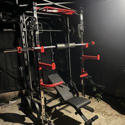 FREE DELIVERY 💥NEW !! SMITH MACHINE 💥WEIGHTS INCLUDED✅ BENCH✅7ft BARBELL✅245lbs Cast Iron Weight Set ✅💥