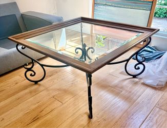 Glass Top Coffee Table with Wrought Iron Base & Solid Wood Frame